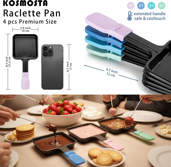 Raclette Käsepfannen Ersatz-Set, 4er-Pack quadratische Antihaft-Pfannen mit farbcodierten und extra