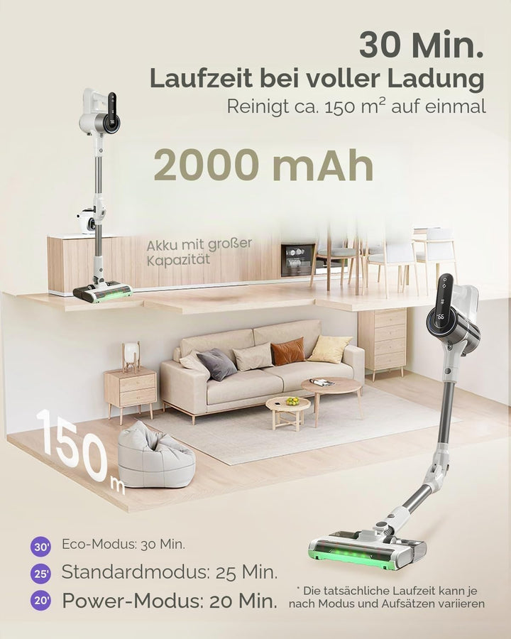 Akku Staubsauger mit Wischfunktion, 15000 Pa/40000RPM/30 Min Laufzeit für zu Hause, Leichter Staubsa