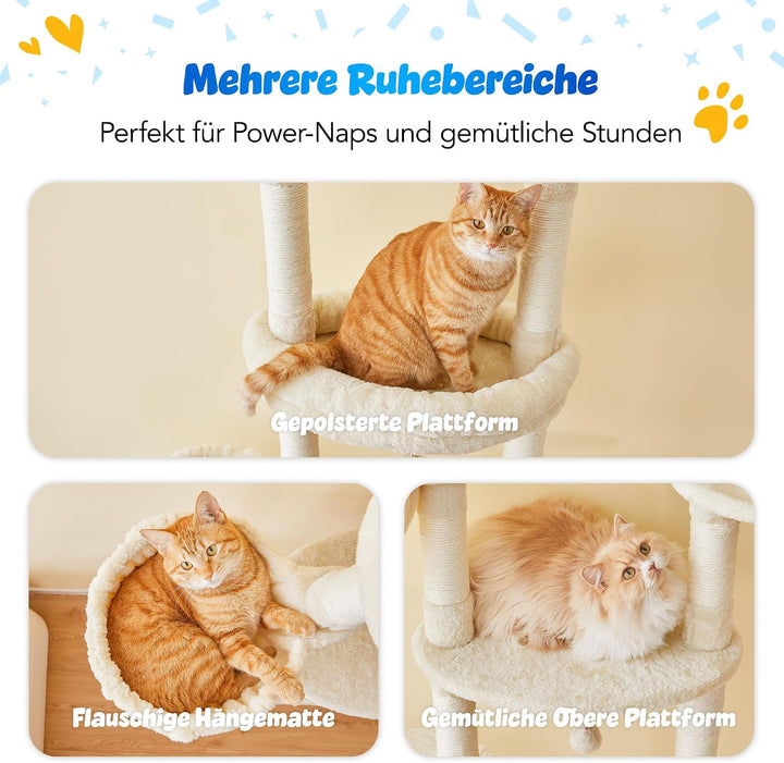 Deckenhoher Katzenbaum 234-259 cm höhenverstellbar, 2-Säulen-Design mit 12 Sisal-Pfosten, mehrstöcki