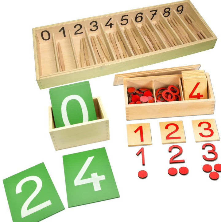 Zahlenverständnis bis 10 lernen und üben mit Montessori-Materialien, Spindelkasten, Ziffern &amp; Chips