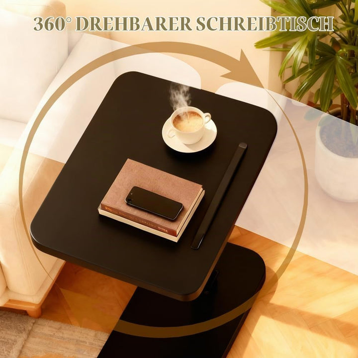 360° Drehbarer Beistelltisch, C-Form Höhenverstellbar, Nachttisch Kaffeetisch Sofatisch mit Metallge