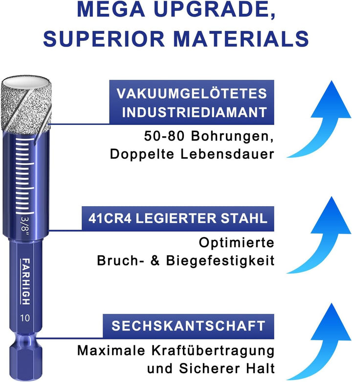 Diamantbohrer Fliesenbohrer Glasbohrer Set 9 tlg. 6, 8, 10, 12mm &amp; 6mm Wolframstahl-Legierungsbohrer