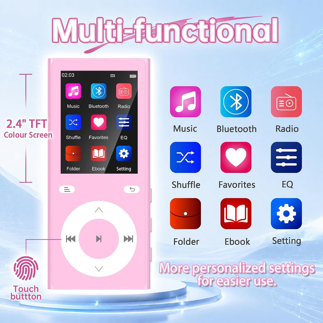 90GB MP3 Player Bluetooth 5.3, Musik Player 2 TF-Kartensteckplätzen Rosa, Rosa