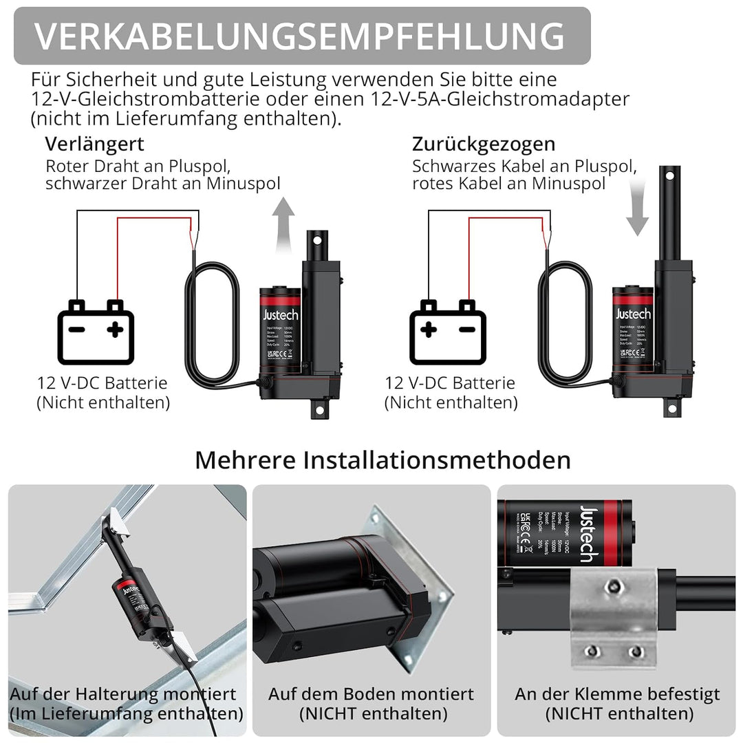 Justech Linearmotor 1000N 50mm inearantrieb Verstellantrieb 12V Schwarz, 1000N 50mm