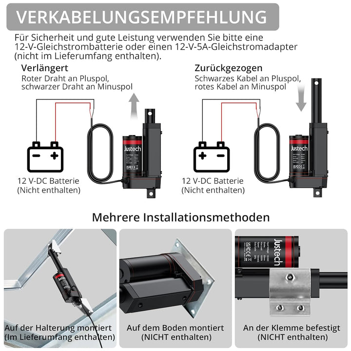 Justech Linearmotor 1000N 50mm inearantrieb Verstellantrieb 12V Schwarz, 1000N 50mm