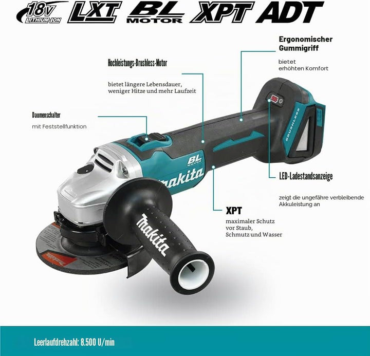 Makita DGA454Z Mini-Schleifmaschine, A, Betrieb mit Lithium-Ionen-Akku, 18 V, 115 mm, BL, nur Maschi