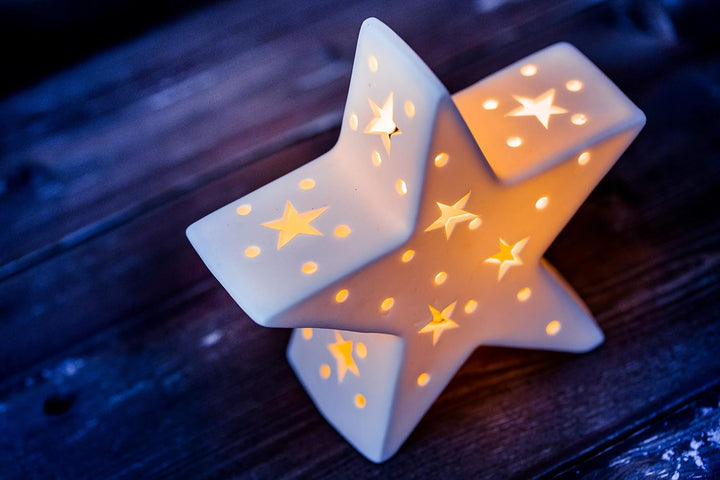 DARO DEKO Porzellan Stern weiss mit LED im Set L + XL