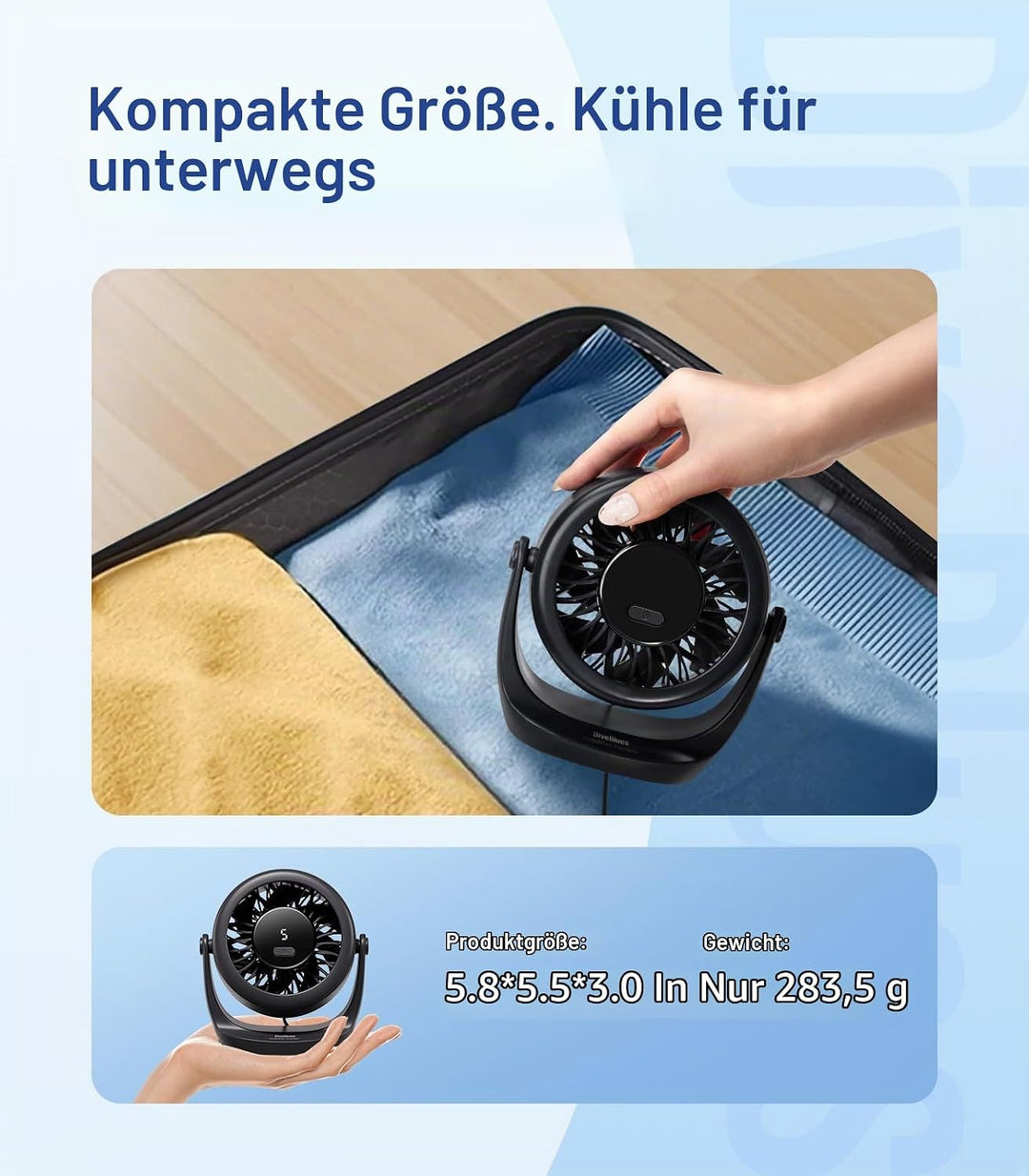 Diveblues USB Turbo Tischventilator, Ultra-Leiser Mini Ventilator, Leistungsstarker Wind, LED-Displa