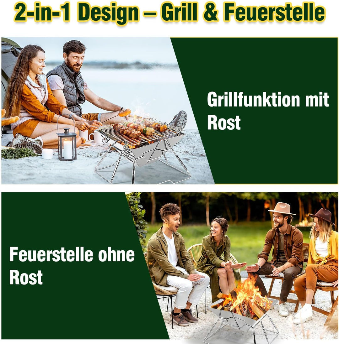 Mini Campinggrill Klappbar 31x31cm Holzkohlegrill Edelstahl Tragbarer Grill mit Tragetasche, Kleiner