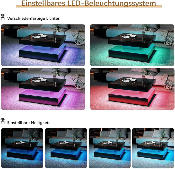 KEEPREAPER Couchtisch Wohnzimmertisch, Sofatisch mit LED Beleuchtung modern für Wohnzimmer, 78 x 78