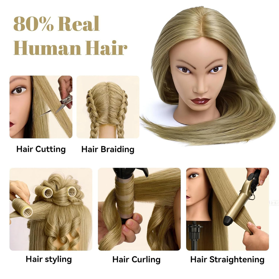 Frisierkopf Echthaar mit Ständer 80% 24inch Haar Mannequin Kopf mit Perückenständer Übungskopf Frise