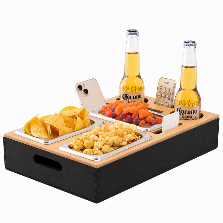 Couchbar Snackbox, Snackspender mit 3X Snackschale, Bambus Sofatablett für Sofa, Deko, Couch Bar mit