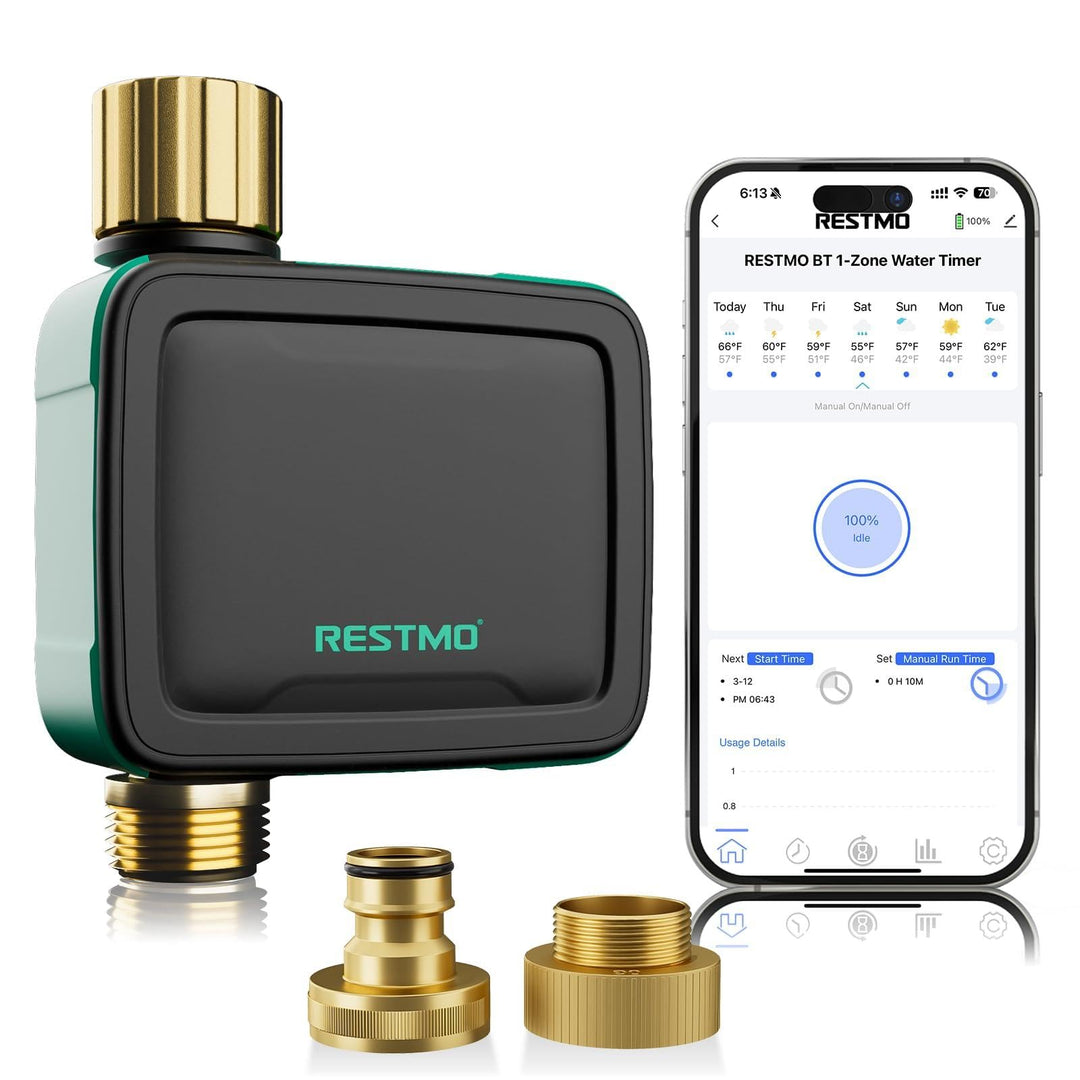 RESTMO Bewässerungscomputer 1 Ausgänge, Bluetooth Bewässerungstimer | App-Steuerung, 3 Modi (auto/ma