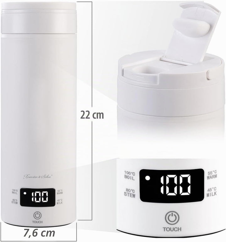Rosenstein &amp; Söhne Edelstahl Wasserkocher: Reise-Wasserkocher &amp; Isolierkanne, 300 W, 500 ml, 4 Tempe