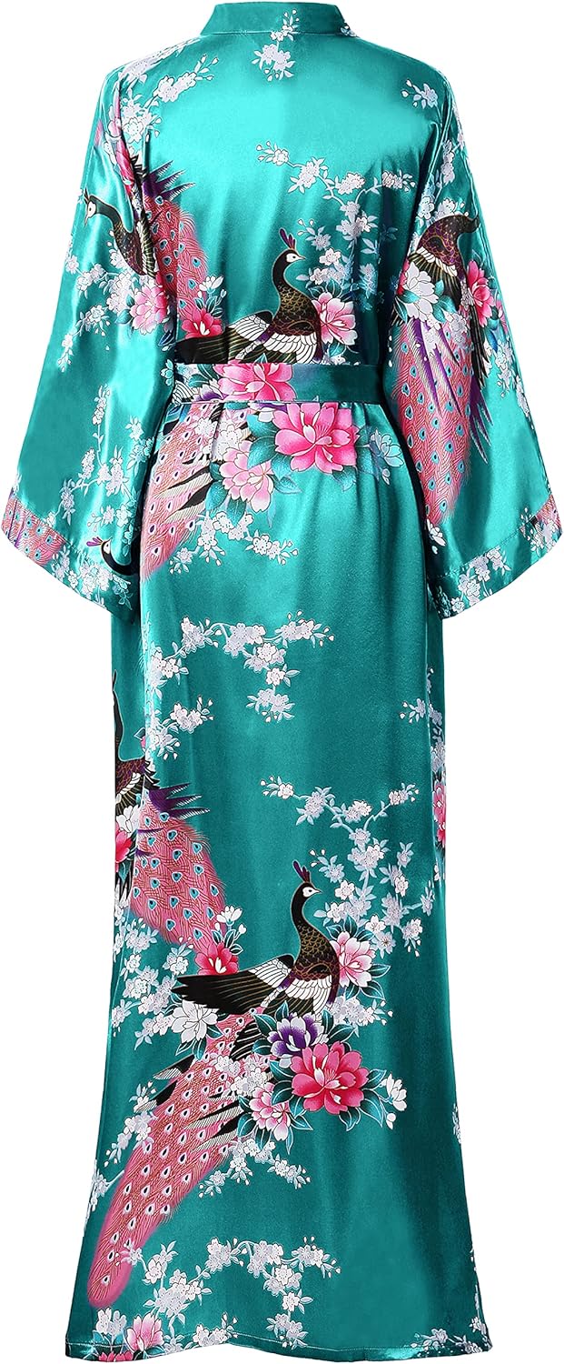 BABEYOND Damen Morgenmantel Maxi Lang Seide Satin Kimono Kleid Pfau Muster Kimono Bademantel Damen L
