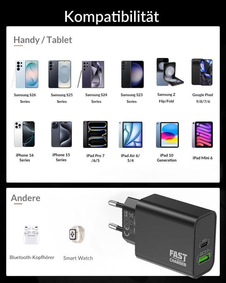 40W 2-Port USB C Ladegerät + 3M Lang Ladekabel für Samsung Galaxy S26 S25, 3M