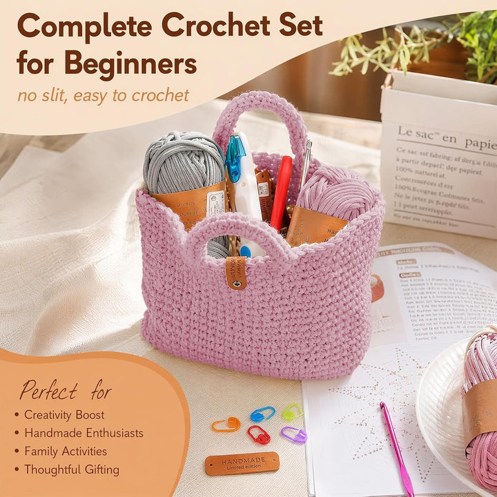 Häkelset Tasche, Crochet Set - 2 Häkelnadel, Anleitung, 3 Dicke Wolle Rosa, Rosa