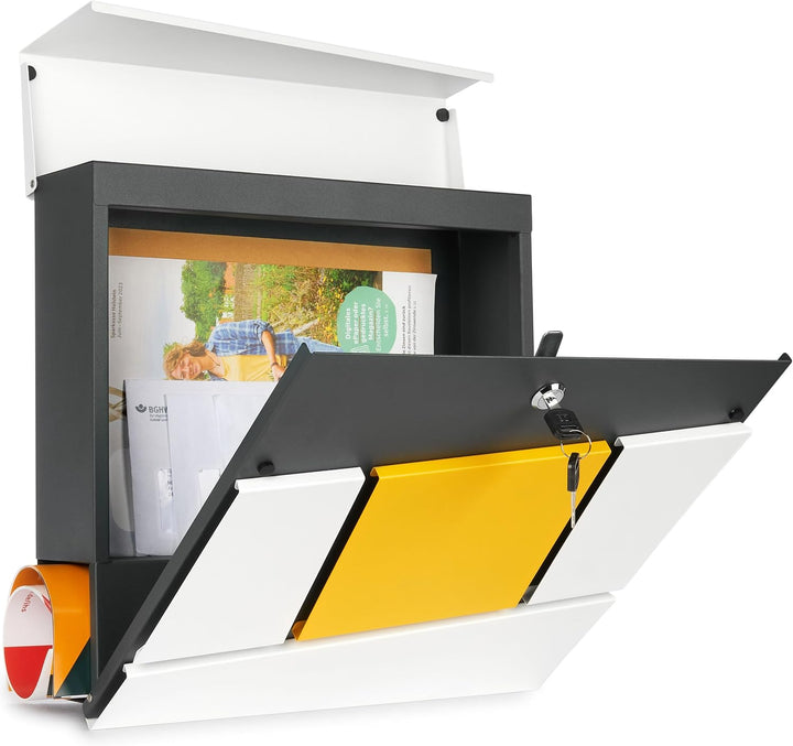 BRUBAKER Briefkasten mit Zeitungsfach Yellow Square - Moderner Postkasten mit Zeitungsrolle - Grosse