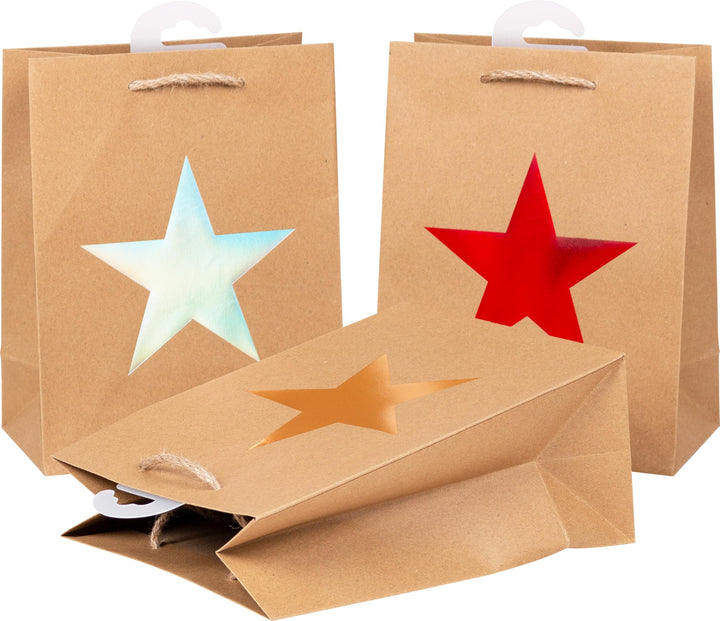 HEKU 24er Set Hochwertige Geschenktaschen aus Papier, Stern-Motiv, Metallic-Aufdruck I 3 Farben (rot