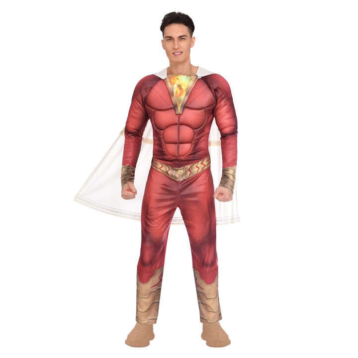 Amscan - Erwachsenenkostüm Shazam, Overall mit gepolsterter Brust, Umhang, DC Super Heroes, Motto-Pa