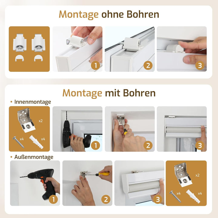 Grandekor Rollo Elektrisch 60x110cm Grau, Elektrisches Verdunklungsrollo Klemmfix ohne/mit Bohren, S