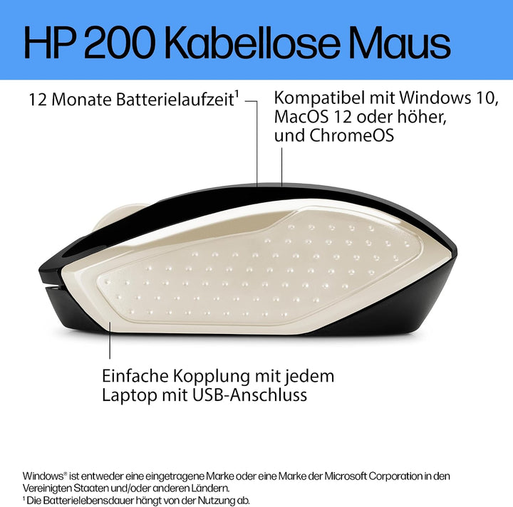 HP 200 (2HU84AA) kabellose Maus (1.000 dpi, 3 Tasten, Scrollrad, USB dongle) schwarz / silber Schwar