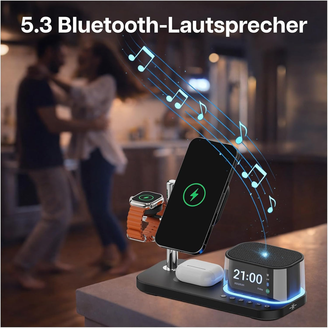 Kabellose Ladestation 5-in-1 mit Wecker, Bluetooth-Lautsprecher &amp; LED-Nachtlicht für MagSafe von MMO