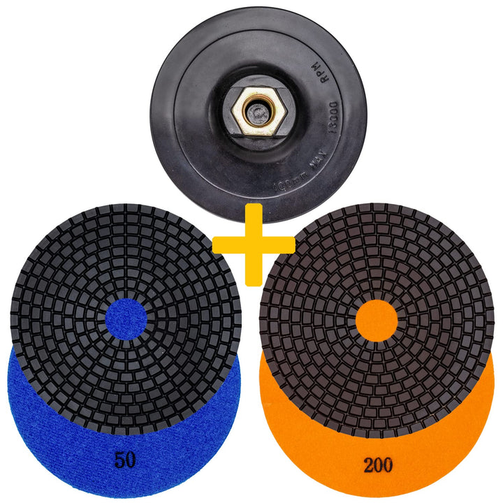 EDW Profi Diamant Schleifpad-Set NASS, Starter -Set, 100mm, Körnung 50 + 200, Klett-Aufnahmeteller M