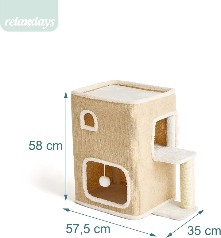 Relaxdays Katzenhaus 2-stöckig, Katzenhöhle mit Ball &amp; Kratzbaum, beige, Beige