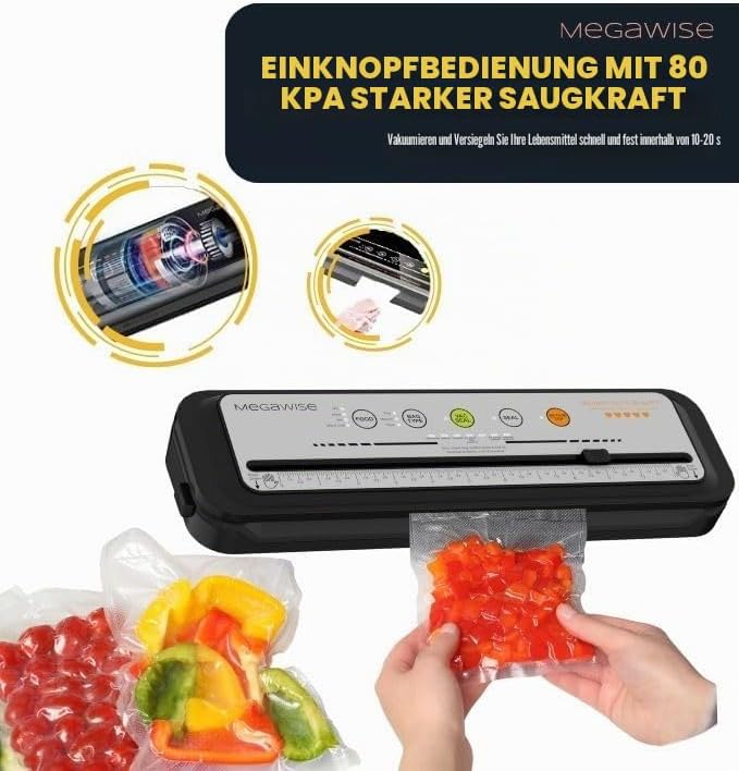 MegaWise Vakuumversiegelungsmaschine-2023 Update| 80kPa Saugleistung| Taschen und Schneider inklusiv