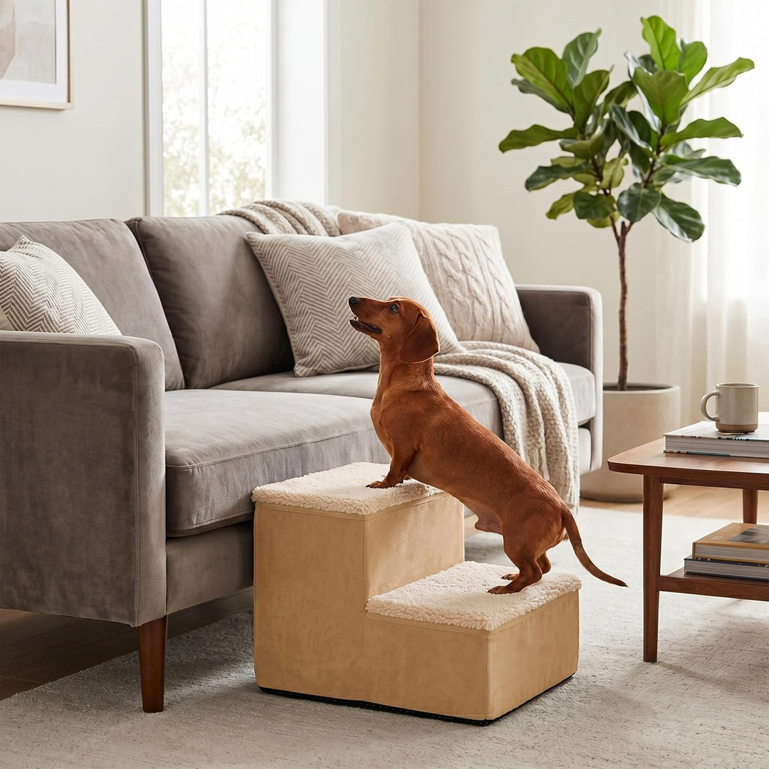 Relaxdays Hundetreppe, 2 Stufen, Stauraum, HxBxT: 32 x 40 x 35 cm, beige | faltbar, Stoffbezug, Hund