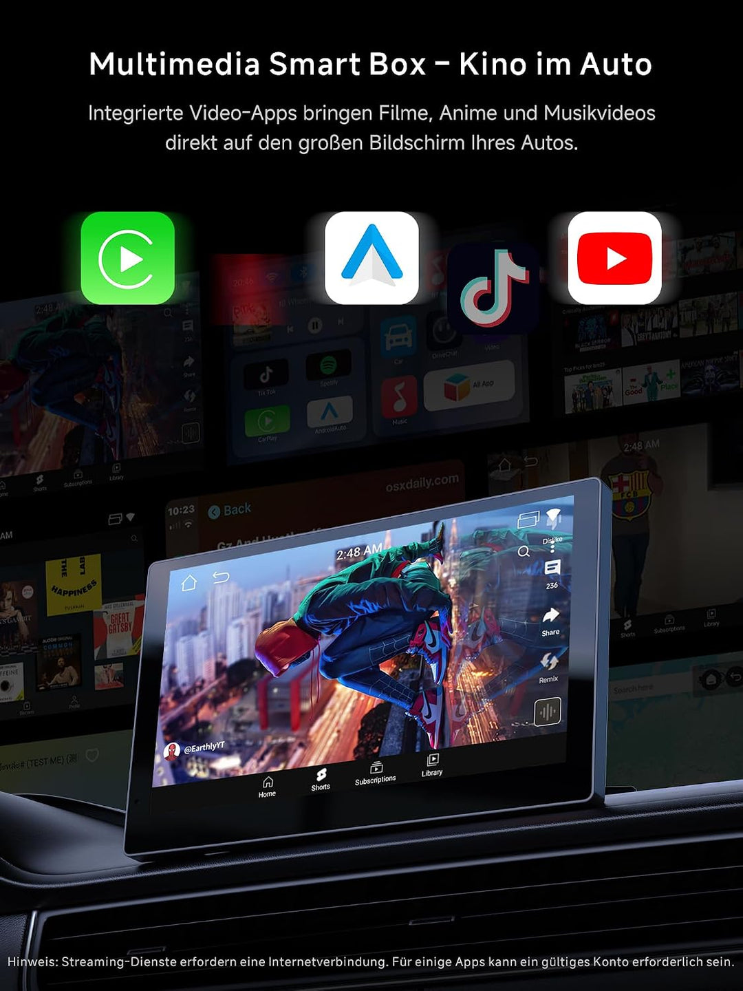 Carplay Wireless Adapter, AI Box Android Auto für YouTube, 2+16GB Gedruckt – Schwarz, Gedruckt – Sch