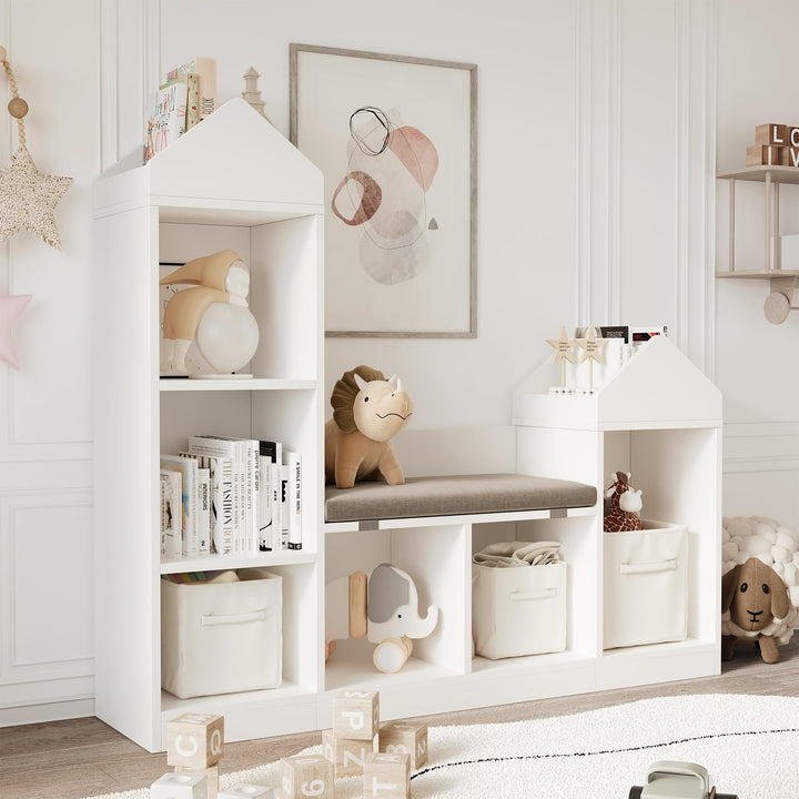 GarveeHome Kinderbücherregal Mit Kissen, Kinderbücherregal Aus Holz,Einzigartiges Dachdesign, Spielz