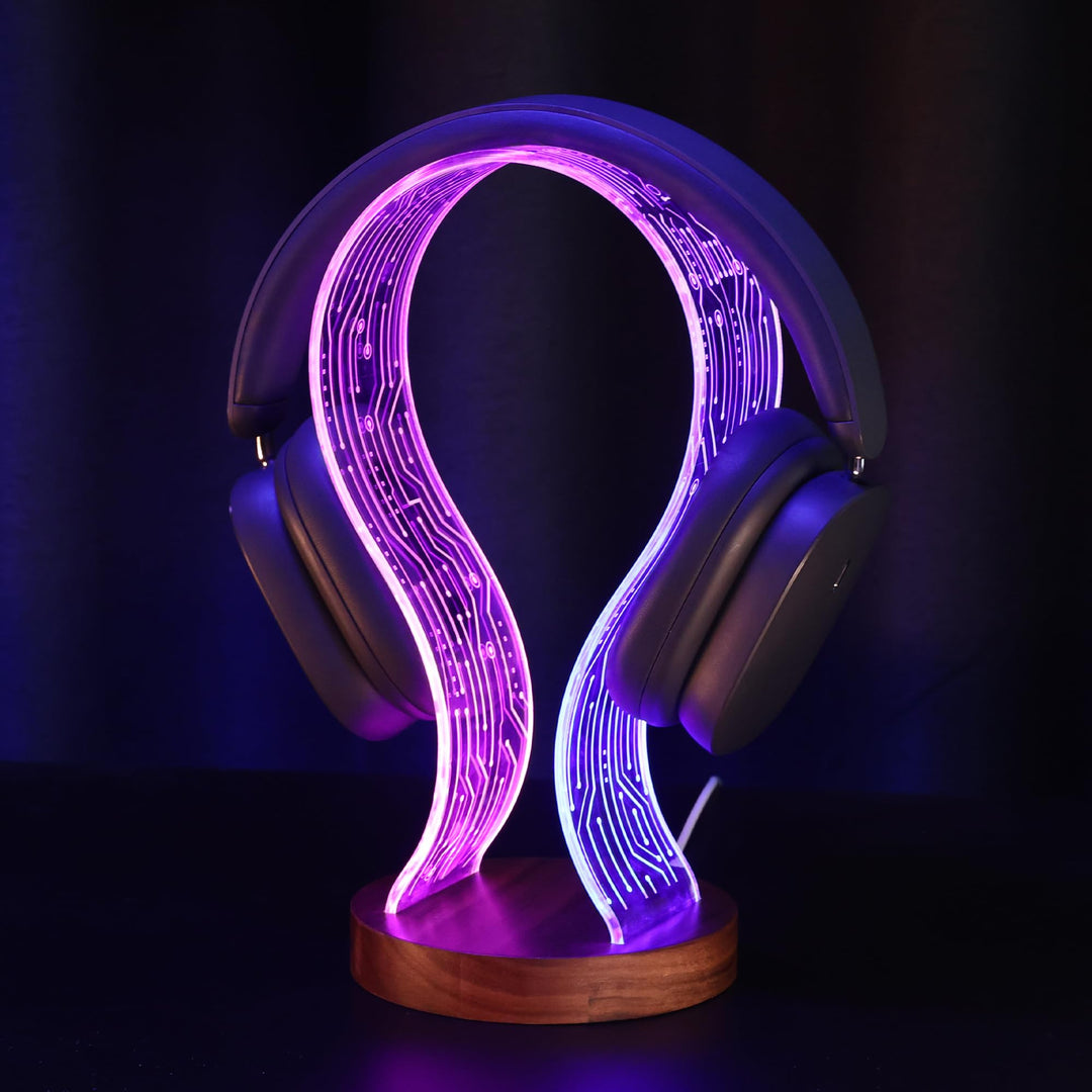 Ammonite Kopfhörerständer - Walnussholz Gaming Schreibtisch Accessoire mit LED-Leuchten, USB-Strom &amp;