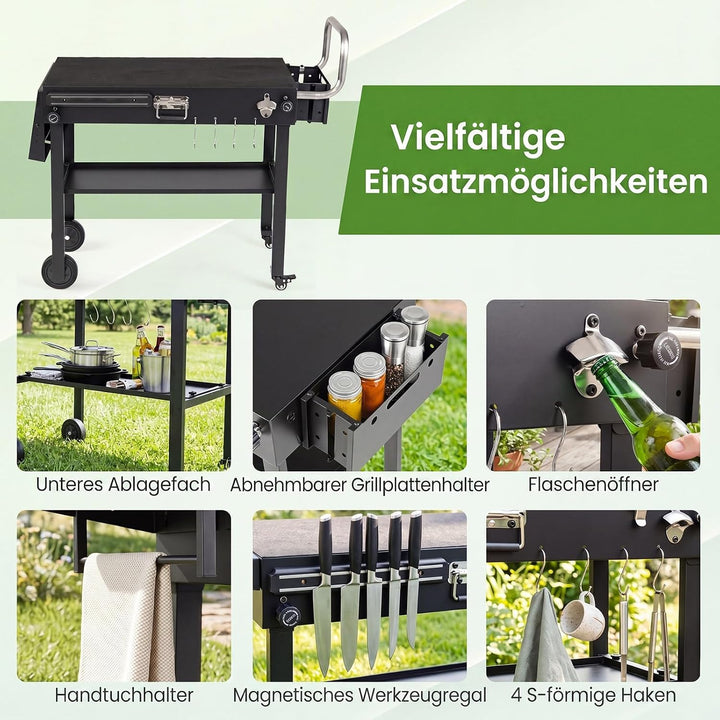COSTWAY Grillwagen Outdoor, Grilltisch klappbar, Pizzatisch mit Seitentisch