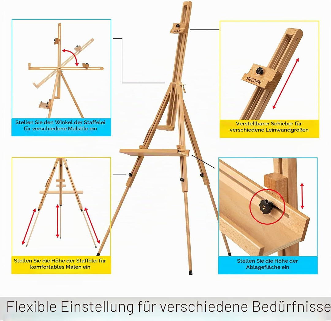 MEEDEN Staffelei Holz Gross mit Tragetasche, Massives Buchenholz Künstlerstaffelei für Maler, Studen