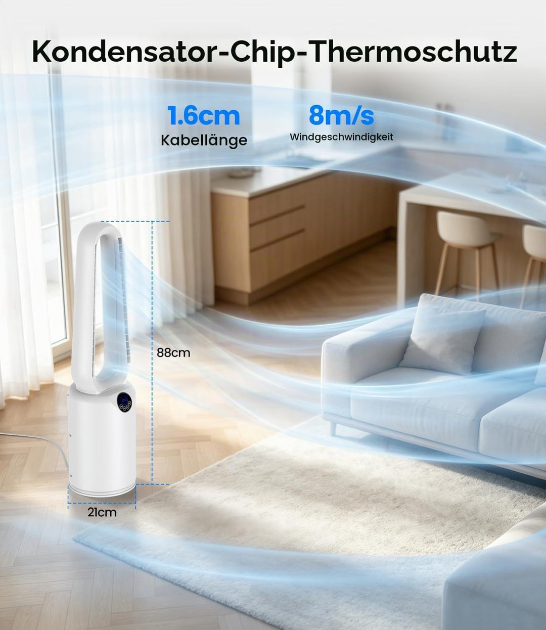 Rotorloser Ventilator Turmventilator ohne Rotorblätter, 24 Geschwindigkeiten, leiser Ventilator mit