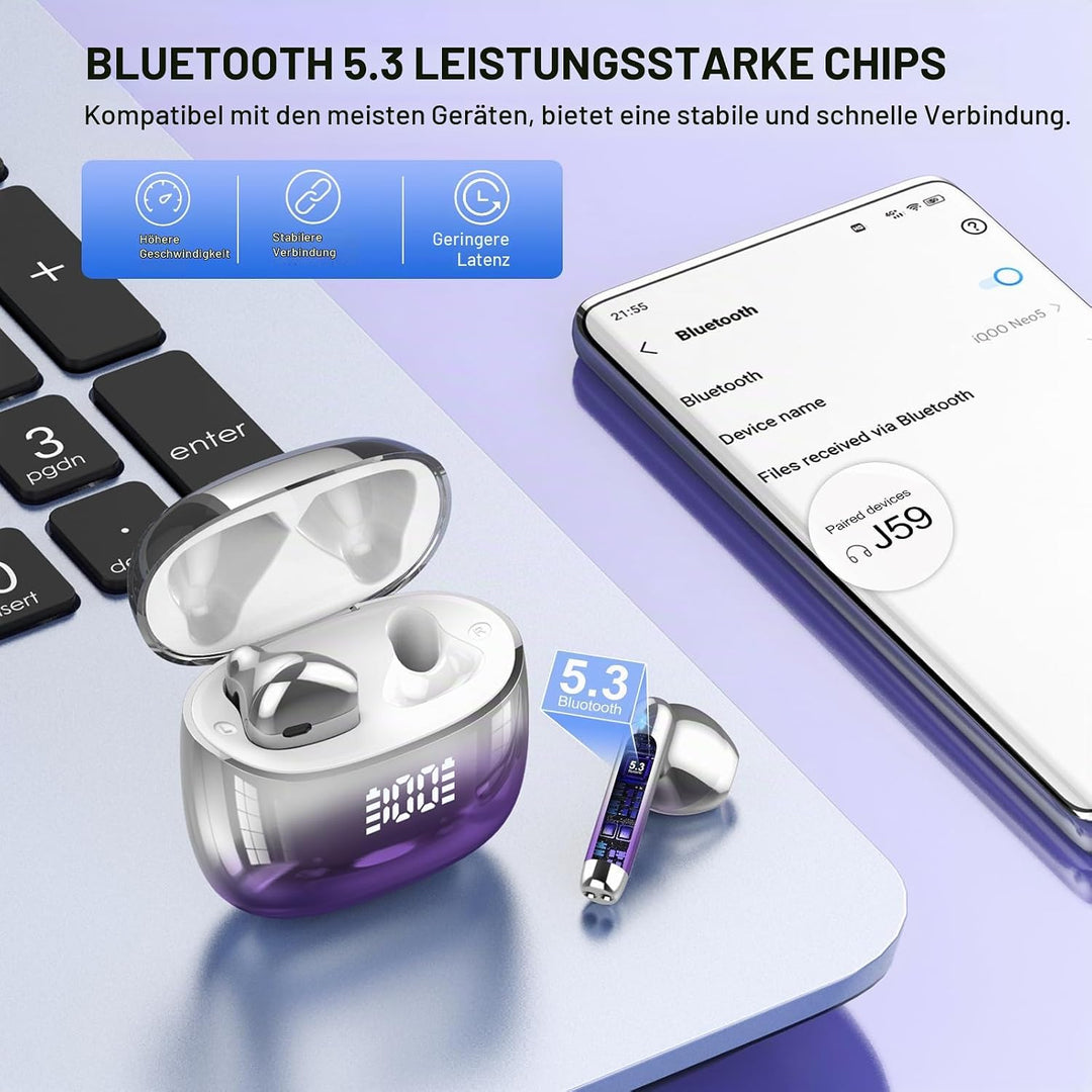 Bluetooth Kopfhörer, Kopfhörer Kabellos Bluetooth 5.3 In Ear Kopfhörer mit 4 ENC Mic, HiFi Stereo, 4