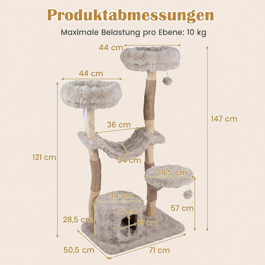 COSTWAY Kratzbaum Holz, 147 cm hoch, Katzenbaum mit Katzenhöhle, Beige