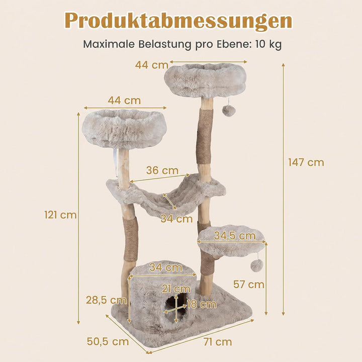 COSTWAY Kratzbaum Holz, 147 cm hoch, Katzenbaum mit Katzenhöhle, Beige