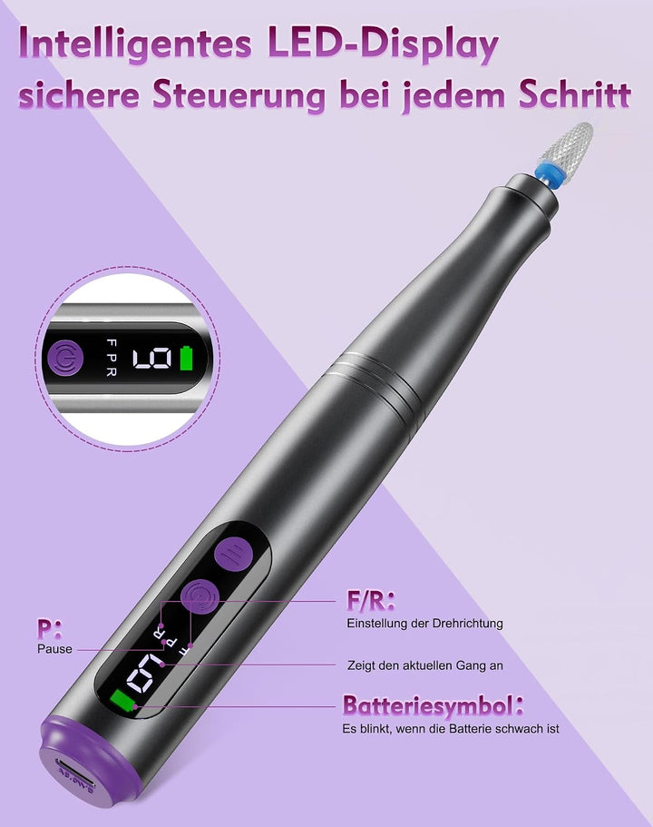 Nagelfräser Kabellos, 12 in 1 Elektrische Nagelfeile 9 Verstellbare Geschwindigkeit Fräser für Gelnä
