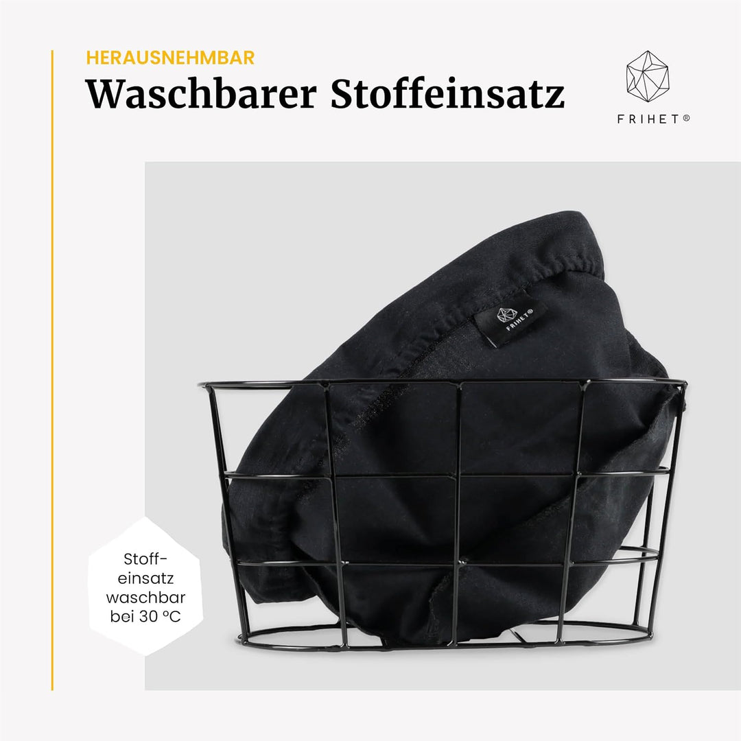 FRIHET 2-in-1 Brotkorb &amp; Obstschale - Metall - waschbare Einlage aus 100% Baumwolle - oval - schwarz