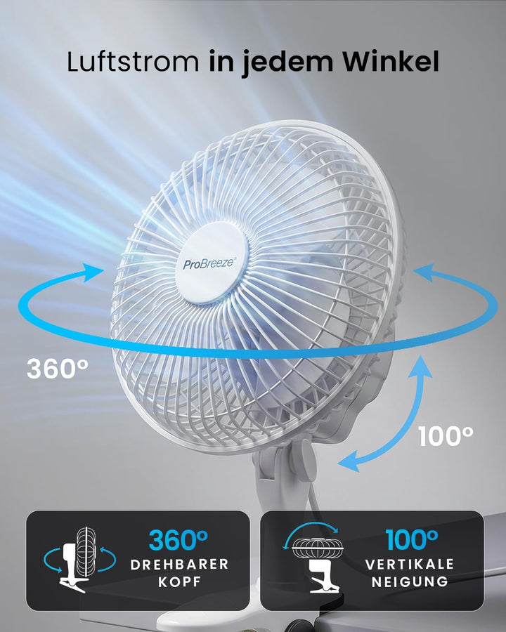 Pro BreezeTM Mini Ventilator mit Clip, sehr leiser Betrieb, 20 cm Durchmesser, 2 Geschwindigkeitsstu