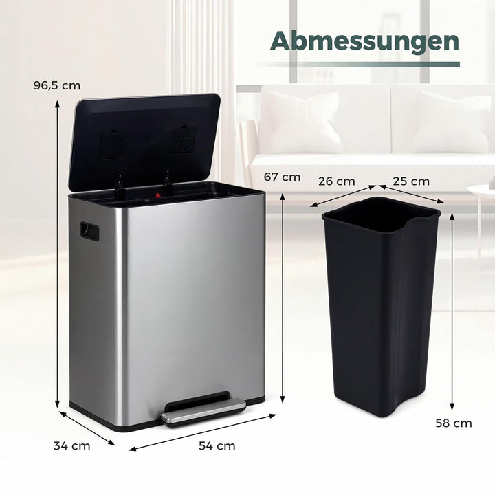 COSTWAY Mülleimer Küche, 60L Mülltrennsystem 2 Fächer, Tretmülleimer aus Edelstahl mit Pedal &amp; Softc