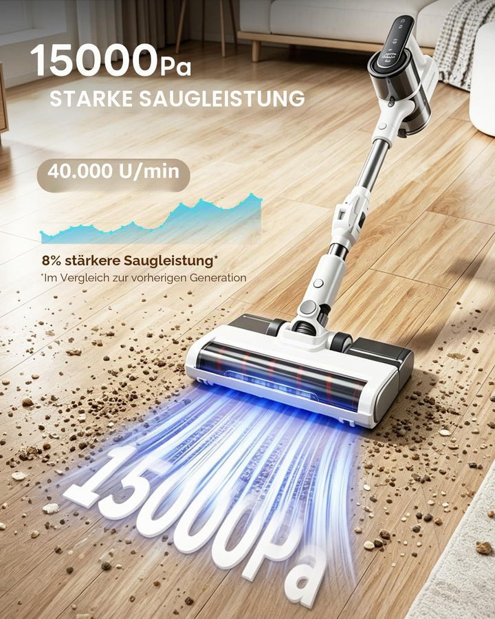 Akku Staubsauger mit Wischfunktion, 15000 Pa/40000RPM/30 Min Laufzeit für zu Hause, Leichter Staubsa
