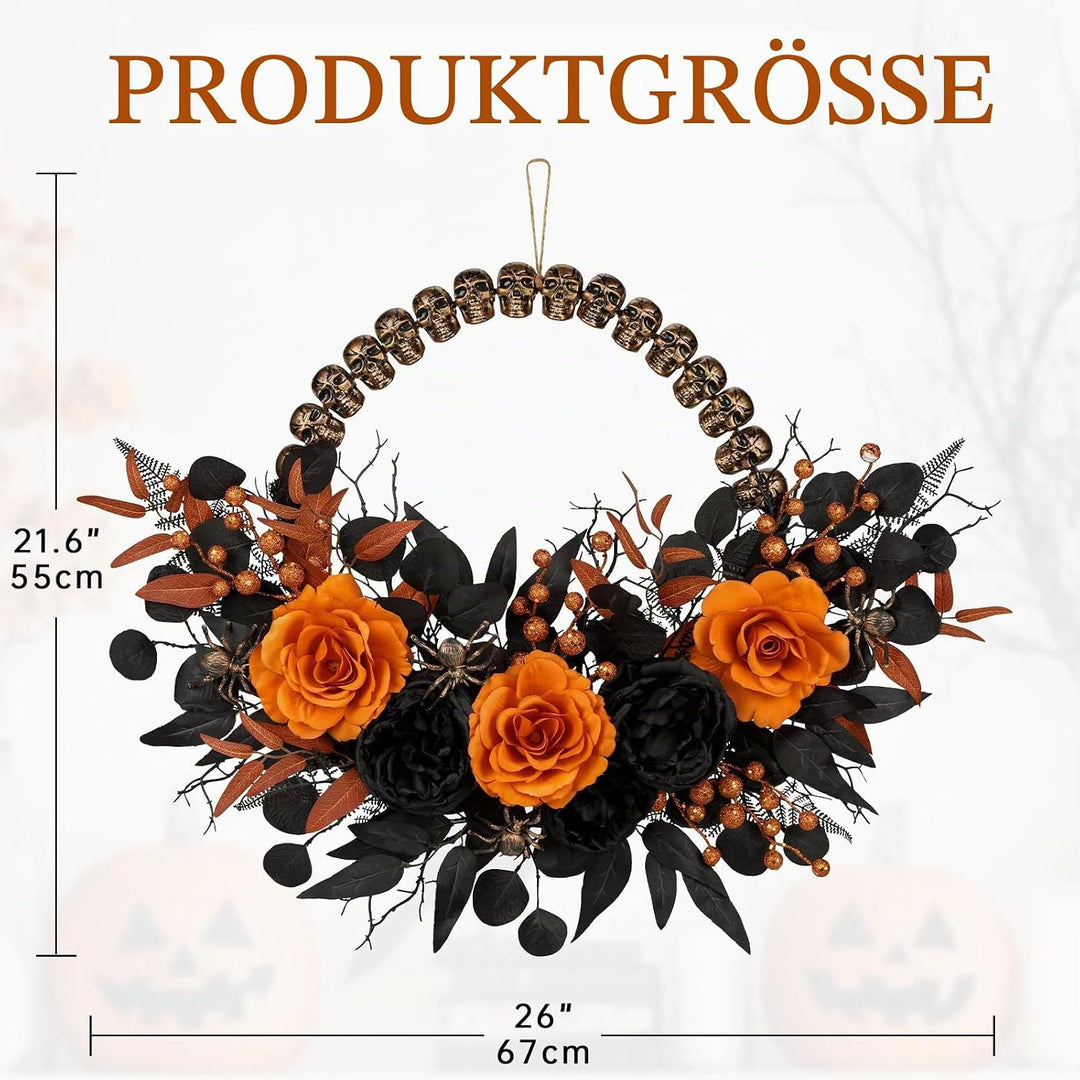 Briful Halloween Türkranz 66cm – Künstlicher Gruselkranz mit Schädel, Spinne, Schwarze &amp; Orange Rose