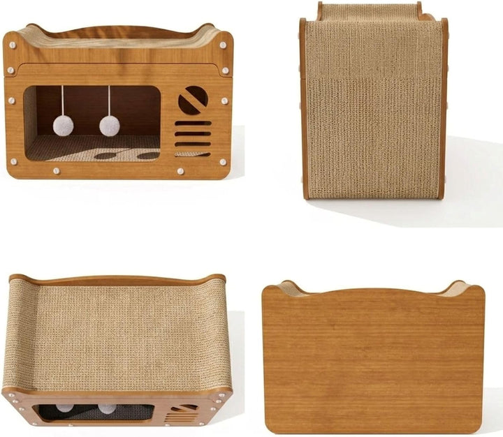 Katzenkratzhaus aus Holz im TV-Design Gelb mit Spielball – 2-in-1 Katzenhaus &amp; Kratzmöbel, Robustes