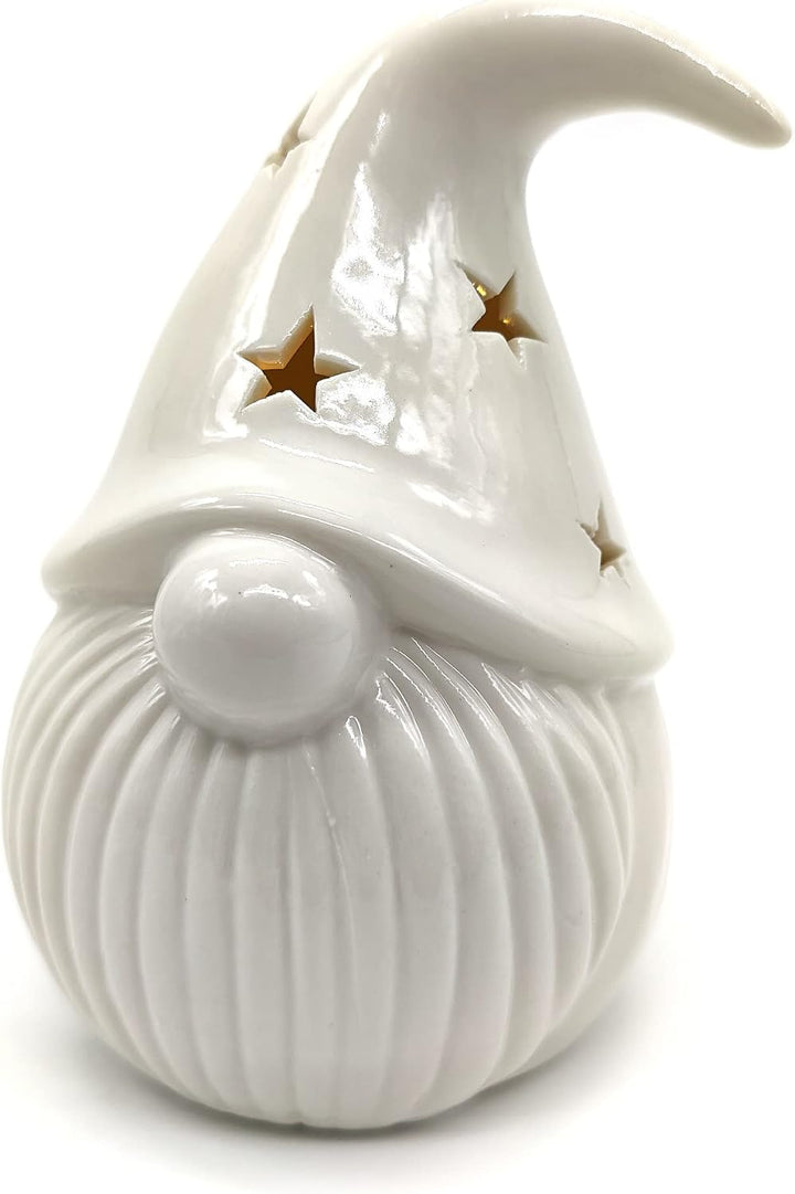 DARO DEKO Porzellan LED Zwerge 2er Set Creme-weiss 12cm und 15cm Dekofigur Weihnachtsdeko, 2er Set