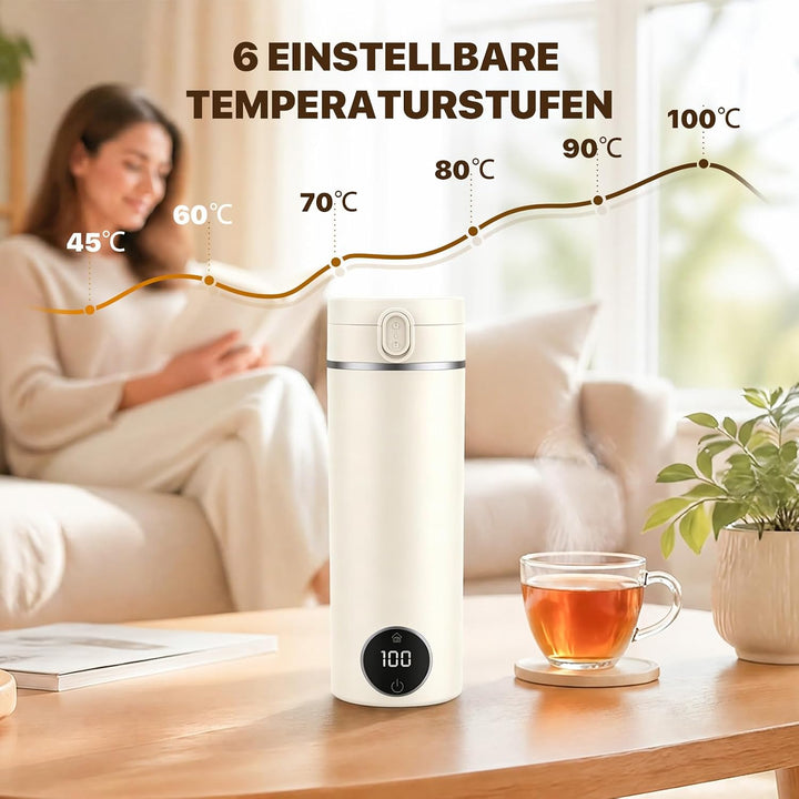 Reisewasserkocher Klein, 450ML Mini Wasserkocher Tragbarer mit 6 Temperaturstufen, Heizung Automatis