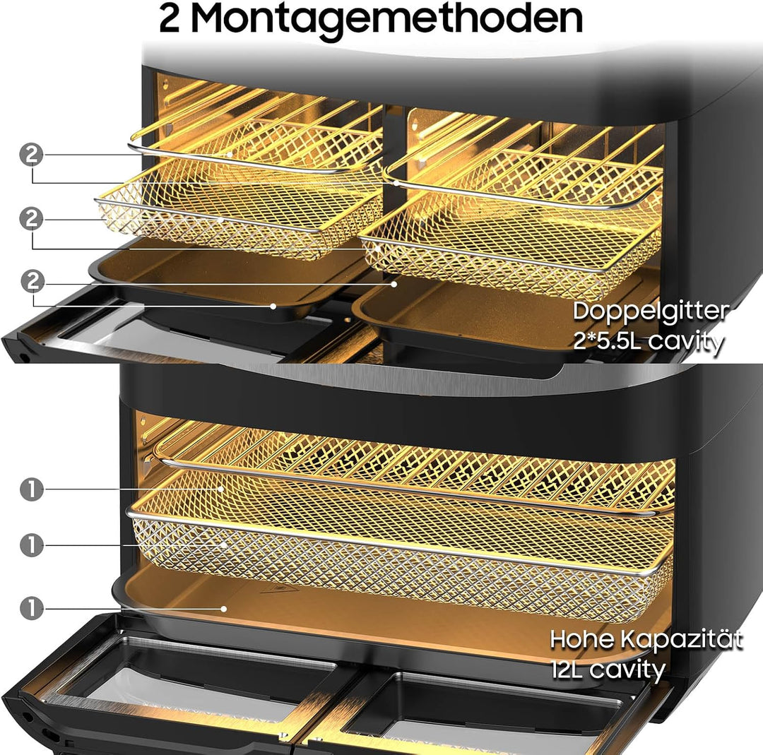 Iceagle Heissluftfritteuse Doppelkammer Airfryer 12L - Heissluftfriteuse XXL Friteuse mit Sichtfenst